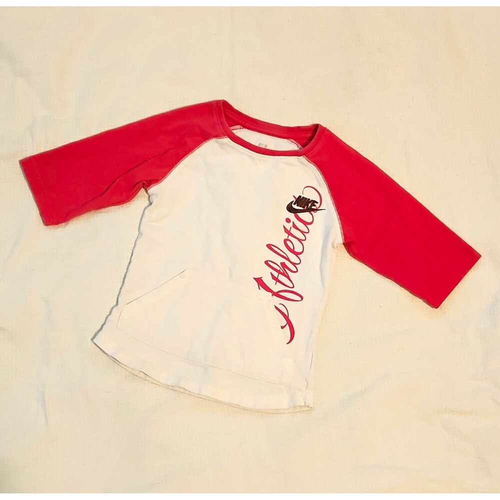 Vtg Nike Girls 4T Raglan Baseball Shirt Pink White Cursive Athletic 2008 5955-07